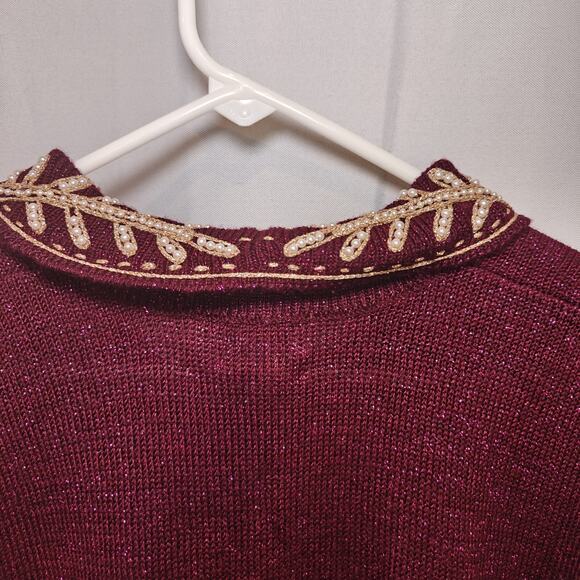 Jaclyn Smith Sweater Women S Burgundy Embroidered Gold Trim Holiday Christmas - Picture 9 of 9